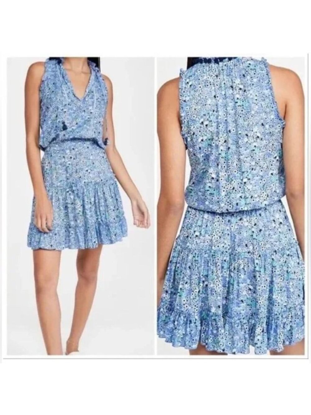 Poupette St.‎ Barth Clara Tiered Mini Dress in Blue Flower Print Size Small